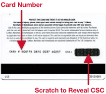 Illustration of back of gift card, showing card number on the left side, and the PIN on the right side, which must be scratched to reveal.